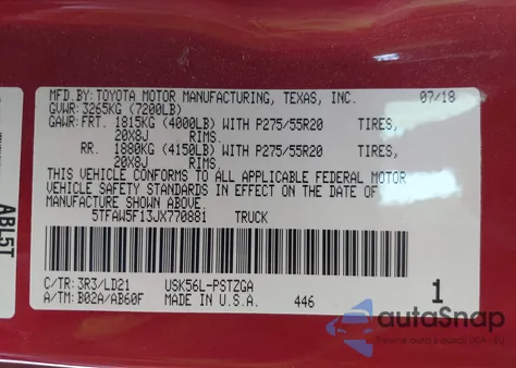 2018 Toyota Tundra 1794 5.7L V8 из США, поврежденный, VIN 5TFAW5F13JX770881